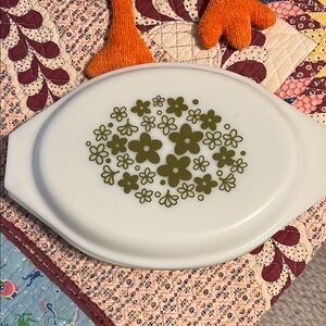 Pyrex White and Olive Green Floral Casserole Dish